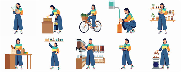 Fototapeta premium Set of Lifestyle Illustrations Featuring a Woman Shopping Eco Friendly