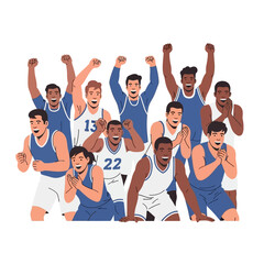 Obraz premium Diverse Basketball Team Celebrating Victory, Cheering Players with Raised Fists