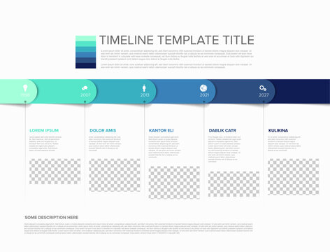 This blue business timeline infographic features five distinct steps for a professional timeline with Photo Placeholders. Business timeline to showcase your strategy and company history clearly.