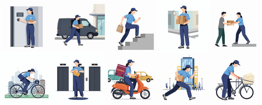 Modern Flat Illustration Set of Delivery Woman Doing Different Activities