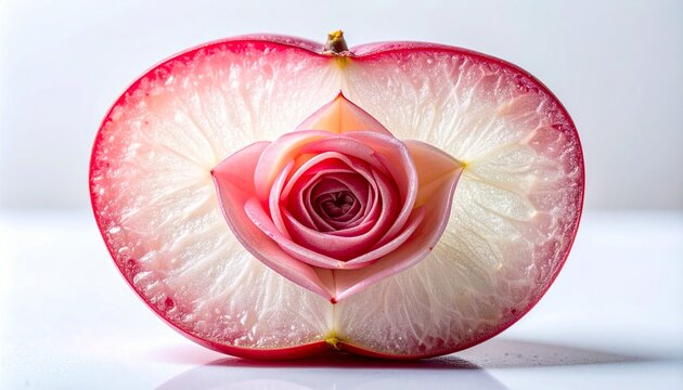 Macro cross-section of wax jambu fruit with rose-shaped core and translucent flesh