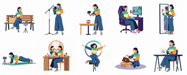 Fototapeta premium Flat Woman Daily Activity Set, Content Creator and Influencer Concept