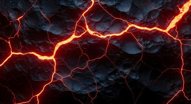 Abstract dark volcanic rock background with glowing neon red and orange magma cracks and intense heat.