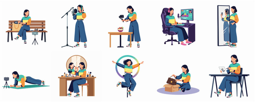 Flat Woman Daily Activity Set, Content Creator and Influencer Concept