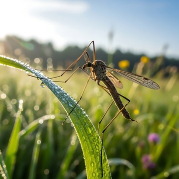 Crane Fly Perched on Green Blade of Grass.