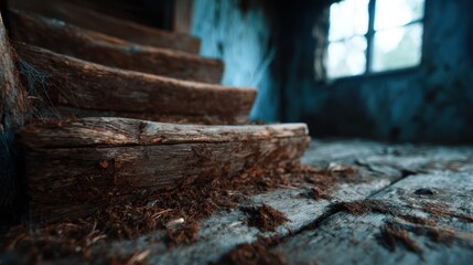 Fototapeta premium A close view of old wooden stairs covered in dust and cobwebs in a dimly lit, abandoned building, evoking feelings of nostalgia and the passage of time in a forgotten place.