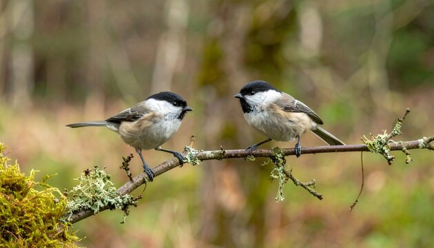 Two marsh tits perched on mossy branch in lush green forest habitat