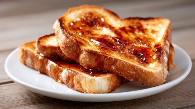 This image captures perfectly toasted golden brown bread drizzled with sweet syrup, highlighting a scrumptious breakfast that indulgently tempts the taste buds.