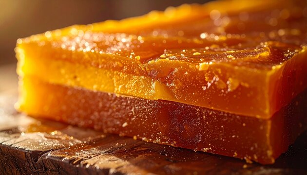 Golden quince paste slice with caramelized glaze on rustic stone background