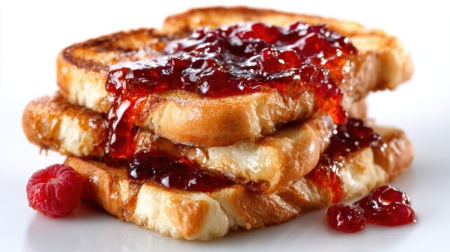 Indulge in a stack of perfectly golden French toast topped with luscious raspberry jam, appealing to both the eyes and taste buds of breakfast enthusiasts.