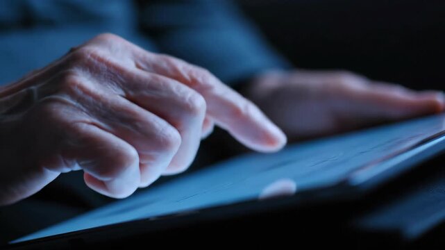 Senior citizen uses tablet with finger, technology and aging concepts, blue light, elderly person using modern device, digital age, touchscreen interface.
