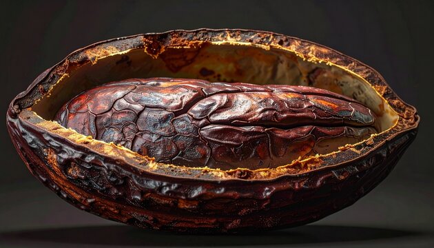 Macro cross-section of fermented cacao bean with rich texture and natural detail