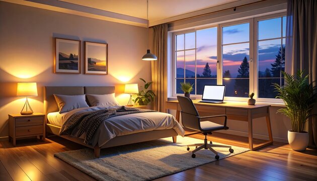 Cozy bedroom scene with desk, sunset view, lamps, and plants
