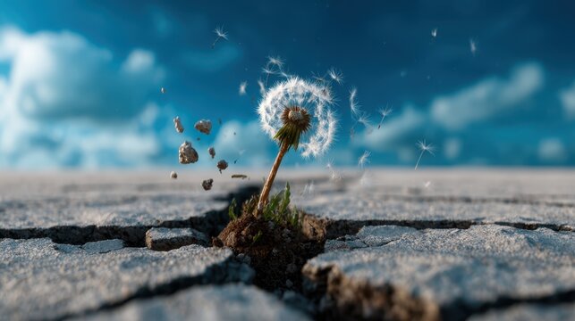A striking dandelion stands resiliently through a crack in dry earth, symbolizing hope and perseverance in adverse conditions, showcasing nature's ability to thrive against odds.
