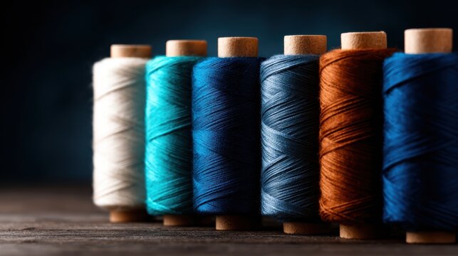 A vibrant lineup of colorful spools of thread displayed on a wooden table, representing creativity, crafting, and the joy of sewing in an artistic and organized manner.