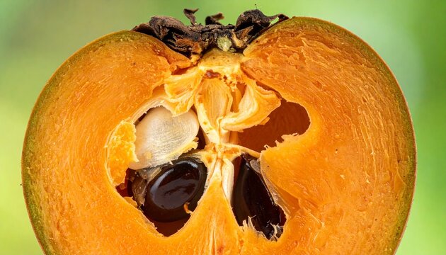Macro cross-section of ripe mamey sapote fruit with vibrant orange flesh and seeds