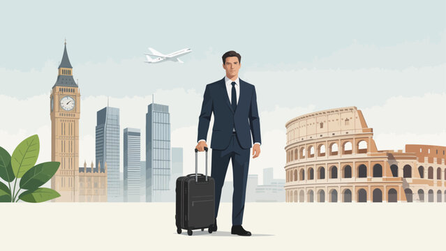 Businessman with suitcase near landmarks