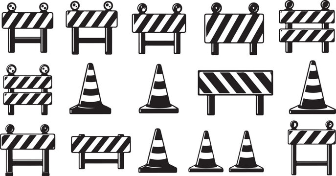 Road construction signs and barriers icons set in black