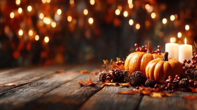 A rustic table setting features pumpkins, candles, and autumn leaves, perfect for celebrating the fall season with a warm and inviting ambiance for gatherings.