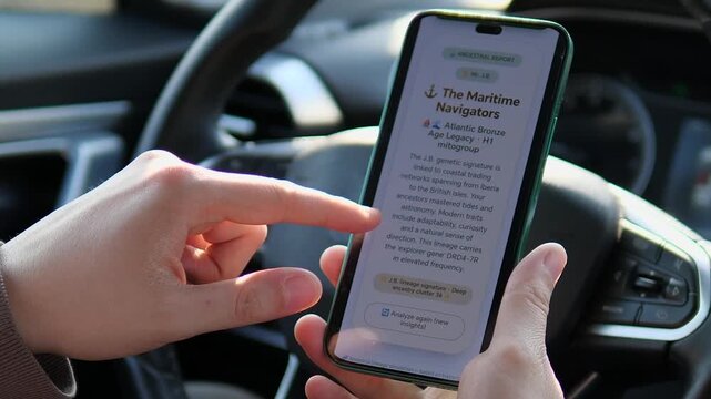 Close-up of a person reading a DNA ancestral report on a smartphone in a car. UI displays The Maritime Navigators lineage details. Perfect for heritage, genealogy, and biotech marketing. High-quality