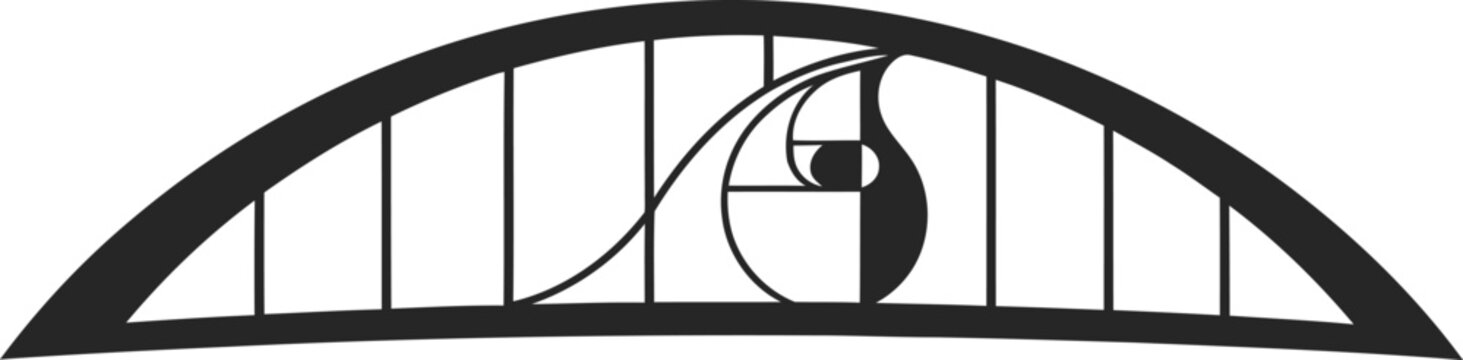 A minimalist black and white illustration of a decorative archway with a unique design element