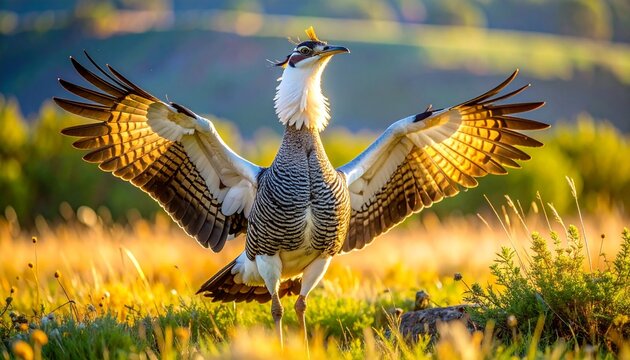Great bustard in mid-flight display with puffed feathers in golden sunlight