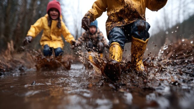 Energetic children in colorful raincoats joyfully splash in muddy water, expressing carefree happiness and the playful spirit of childhood on a rainy day in nature.