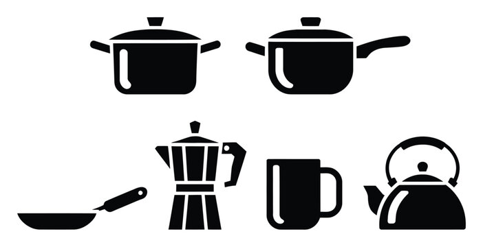 Collection of kitchenware pots, pans, coffee maker, mug, and kettle
