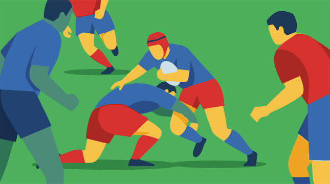 Rugby players in action on a green field in a minimalist style