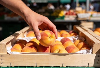 Hand picking ripe peach from a wooden crate at an outdoor farmers market in daylight, seasonal summer fruit shopping for fresh local produce and healthy eating