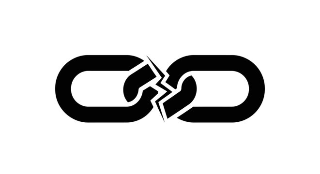 Broken Chain Link Icon, Symbolizing Disconnection or Weakness on isolated white background.