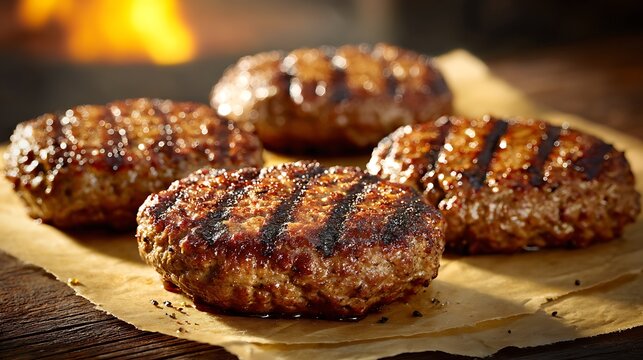 Grilled Hamburger Patties on Parchment Paper Rustic BBQ Outdoor Cooking Food Photography Concept