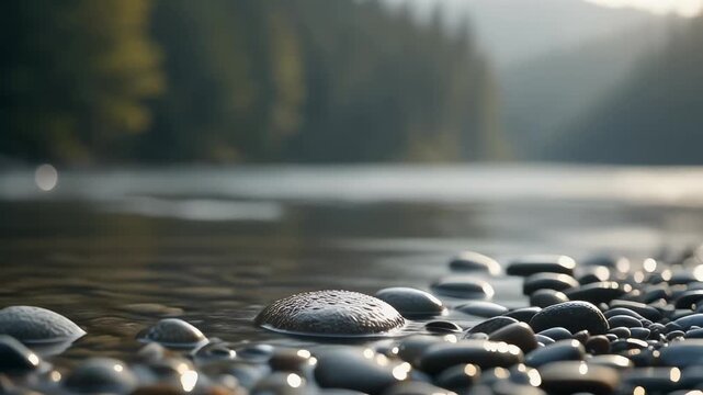 Serene lakeshore with dewy pebbles and misty forest background