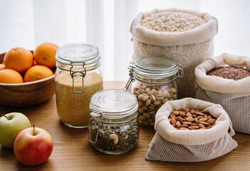 Dry food stored in glass jars and reusable fabric bags on a wooden kitchen table by a bright window, zero waste pantry staples for healthy meal prep and sustainability