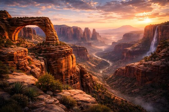 Majest&auml;tischer Canyon mit nat&uuml;rlichem Felsbogen und Wasserfall im warmen Licht eines Sonnenuntergangs