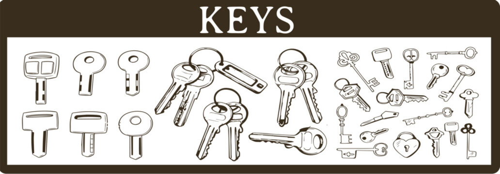 Vintage Sketch Collection of House Keys and Keyrings; Hand-Drawn Vector Illustration Set for Real Estate, Property Ownership, Renting, and Security Concepts