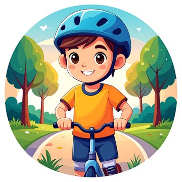 A young boy wears a blue protective safety helmet while riding his bicycle with great joy&nbsp;Ai Generative