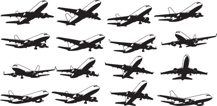 Collection of airplane silhouettes in various flight positions and angles