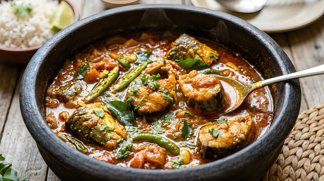 Bowl of spicy fish curry with green chilies and fresh cilantro