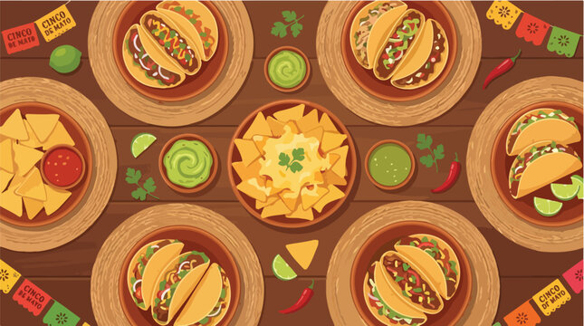Mexican food feast for Cinco de Mayo celebration with tacos nachos guacamole and salsa on a wooden table top view vector illustration of traditional mexican culture cuisine