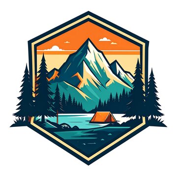Hexagonal emblem featuring a stylized mountain peak with evergreen trees and a small camping tent illustration&nbsp;Ai Generative