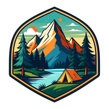 An orange tent sits peacefully by the water in this stylized and vibrant outdoor mountain badge&nbsp;Ai Generative