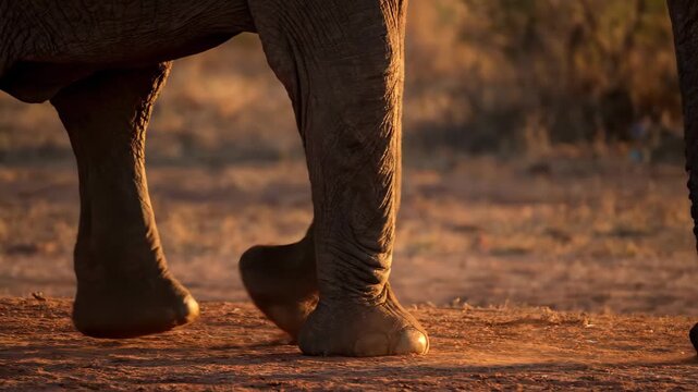 Elephant walking in the wild. African animal with tusks, feet, and trunk detail in warm light.