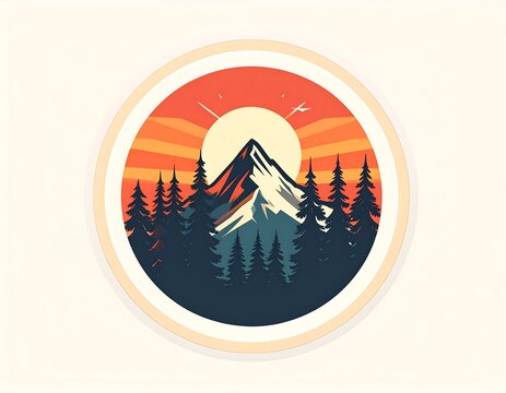 A retro circular badge design featuring a tall snowy mountain peak and tall evergreen pine trees&nbsp;Ai Generative
