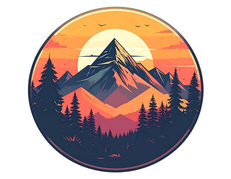 Majestic pointed mountain peaks rise high during a vibrant orange sunset in this artistic circular illustration&nbsp;Ai Generative