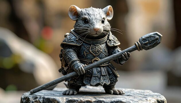 Fantasy Warrior Mouse in Detailed Armor Holding a Staff.