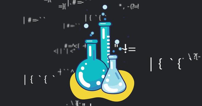 Animation of chemistry school icons and mathematical formulae on black background