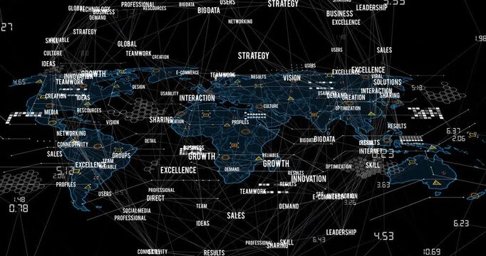 Animation of connected texts forming globe over geometric shapes on map against black background