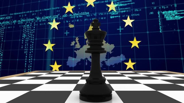 Animation of king on chess board with map and european union flag over computer language