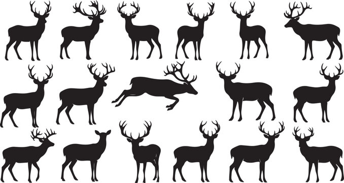 Collection of deer silhouettes in various poses and antler styles